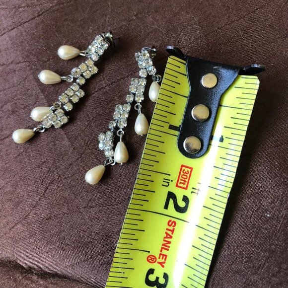 Faux Pearl (Cream) and Sparkly Rhinestone Drop Earrings, w/Silver-Tone backing - Picture 4 of 4